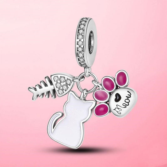 Charm Gato, Pez, Patita felina Plata s925