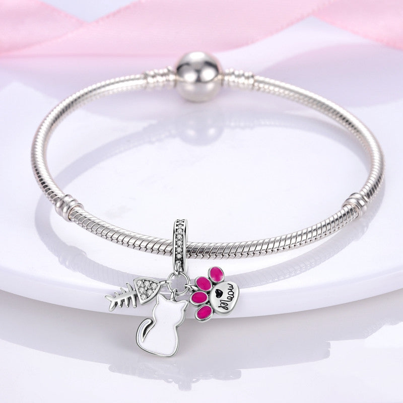 Charm Gato, Pez, Patita felina Plata s925